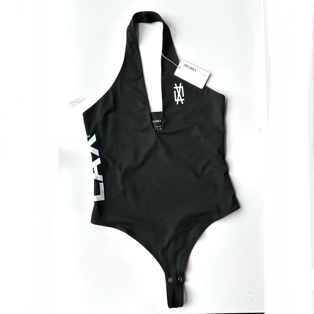 NEW REORIA Women’s Black & White LAX Halter Bodysuit V Neck Backless Tank Trendy